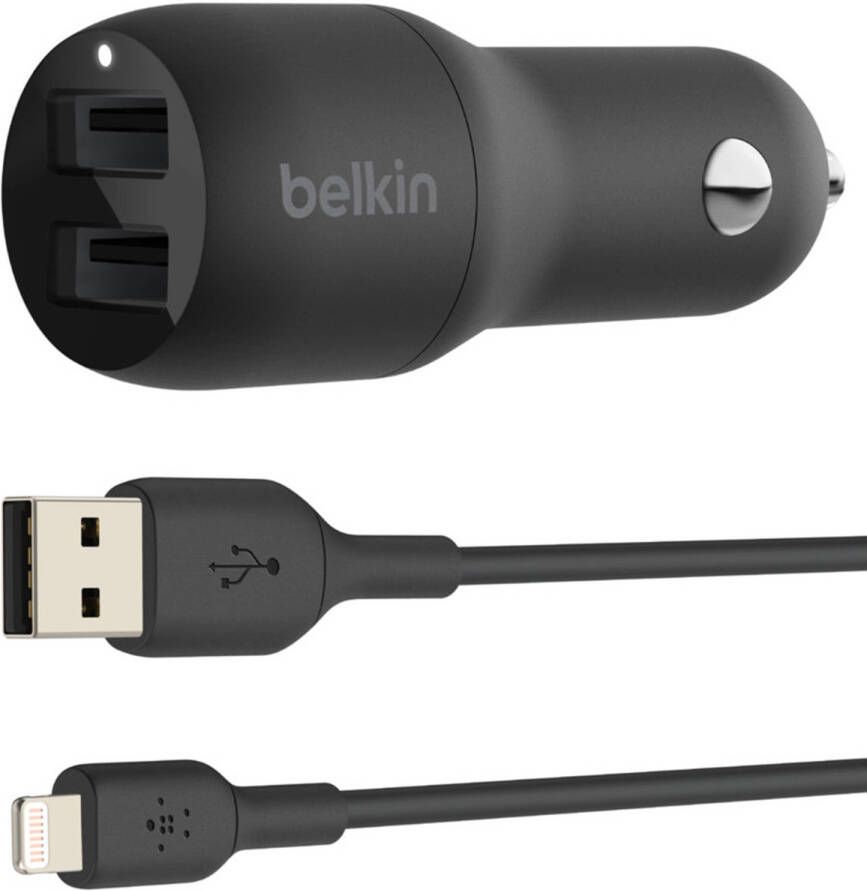 Belkin DUAL USB A CAR 1 dual USB A autolader met USB A/Lightning kabel(Zwart )