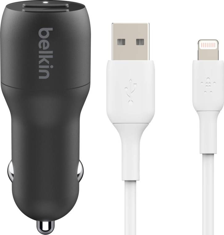 Belkin Autolader 2 Usb Poorten 12W Zwart + BlueBuilt Lightning Kabel 1, 5m Kunststof Wit