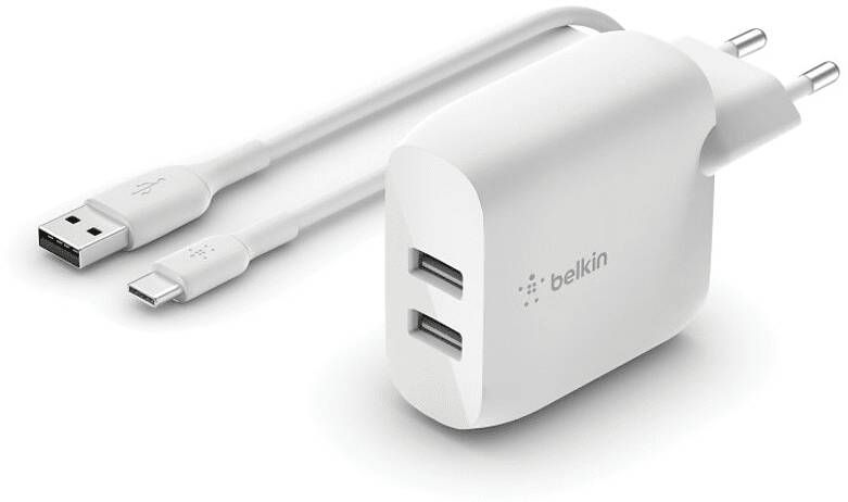 Belkin Dual Wall Charger 24 Watt Met Pvc Usb a naar usb c kabel 1 Meter Wit