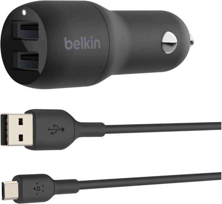Belkin DUAL USB A CAR 1 dual USB A autolader met USB A/Micro USB kabel(Zwart )