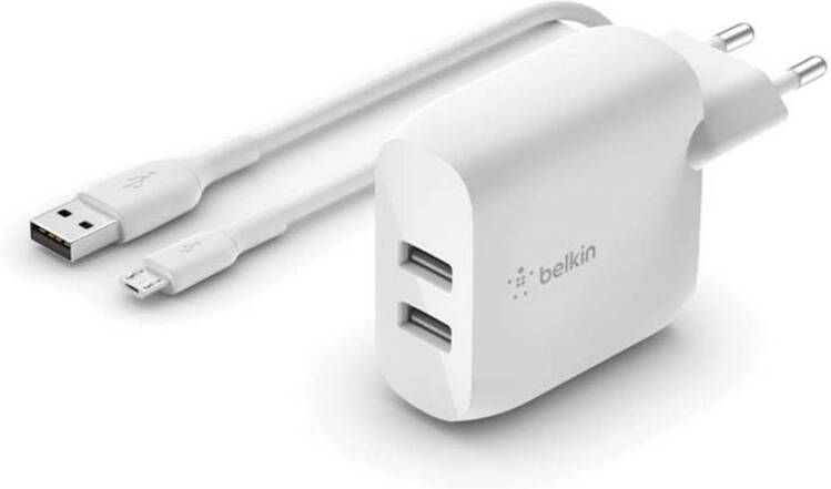 BELKIN Dual Wall Charger 24 Watt met PVC USB-A-naar-micro-USB-kabel 1 Meter Wit